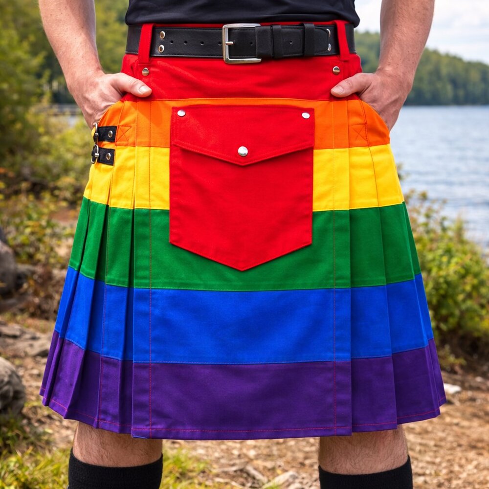 Hybrid Utility Rainbow Kilt with Removable Cargo Pocket Men Cotton Scottish Kilt